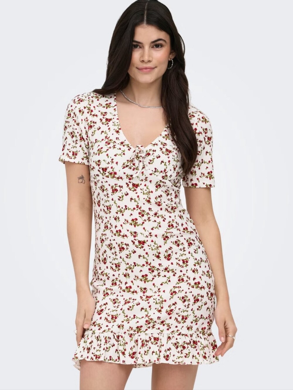 ONLY | Women's White/Red Floral Melanie V-Neck Ruffled Hem Mini Dress